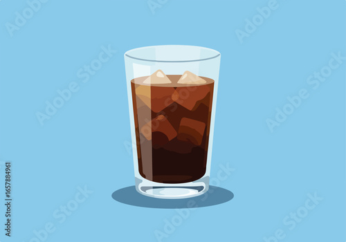 Iced beverage in glass in flat, light blue background for summer, refreshment