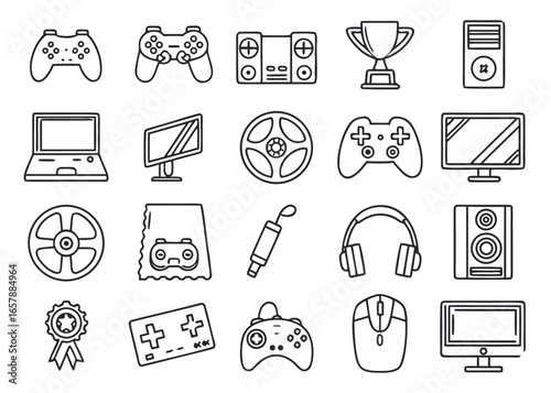 Collection of line art icons for video games and esports including controllers and consoles gaming joystick