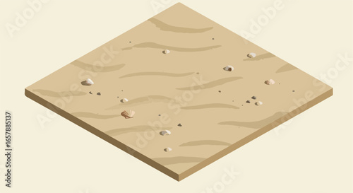 Isometric beach sand with shells and pebbles; could be a gaming asset or art