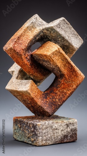 Abstract ceramic sculpture, two interlocking squares on a base