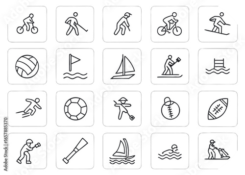 Collection of outline icons representing various sports and outdoor activities activity line art