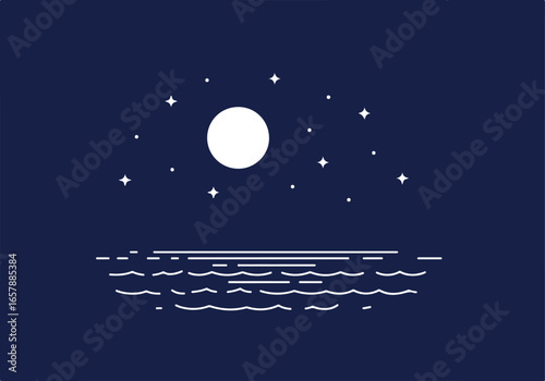 Night seascape sea waves under the stars and moon; perfect for web design