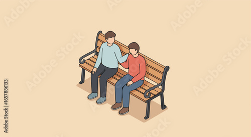 Empathic friend consoling upset man seated on bench, in plain space, for blog use