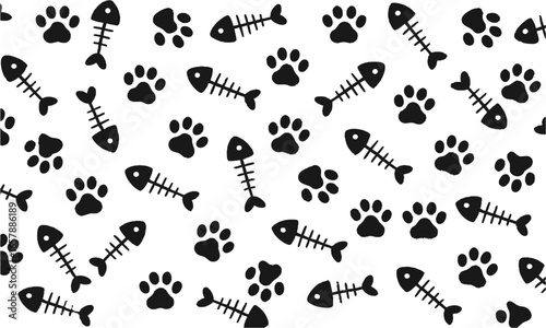 Seamless Cat Paw Print and Fishbone Skeleton Vector Pattern, fish bone seamless pattern, cat paw vector fish dog salmon repeat scarf, easily editable.