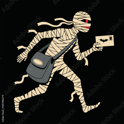 A mummy postal worker, running with a mailbag and envelope, against a black background.