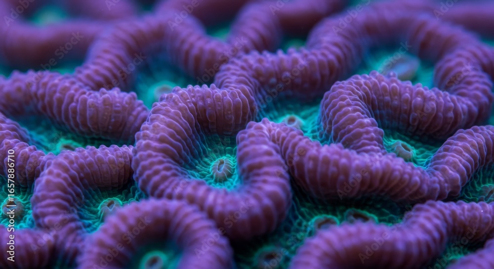 Fototapeta premium A close-up shows convoluted purple coral ridges against a turquoise and green base, highlighting texture and intricate patterns.