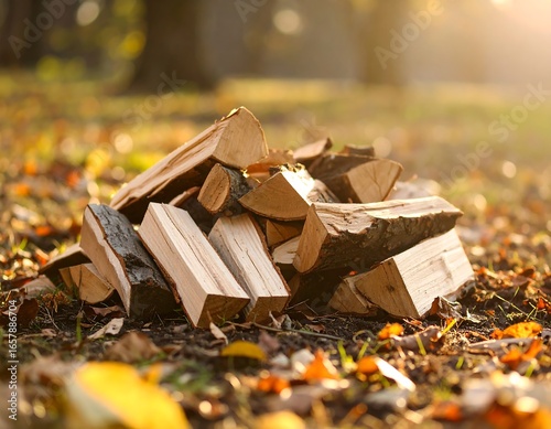 Woodpile in autumn park