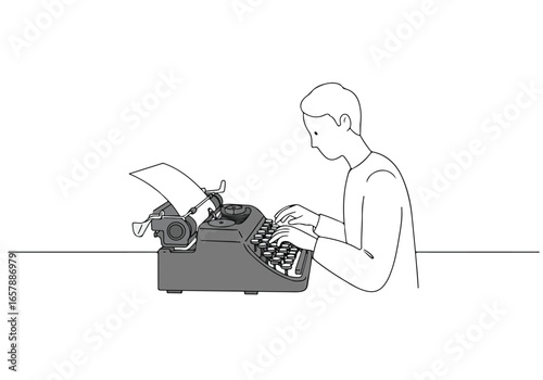 Minimalist line drawing of writer typing on a typewriter, plain white backdrop