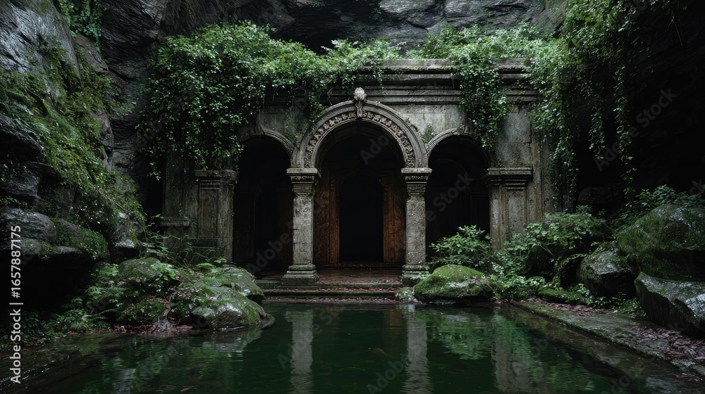 Fototapeta premium Ancient stone structure, overgrown with vines, reflecting in a dark pool