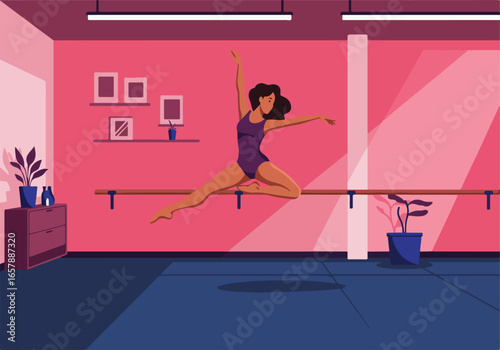A Woman Leaping in a Dance Studio, Barre and Window on the Right, Use Promoting Fitness