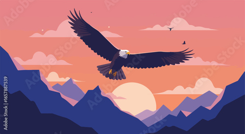 Eagle flying over mountains, sun rising in the background, graphic for conservation use