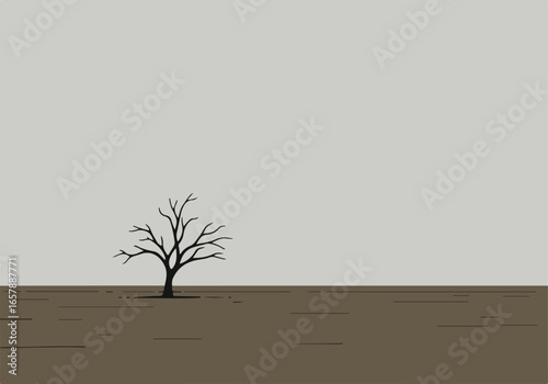 Isolated bare tree stands in cracked earth as light gray sky stretches above