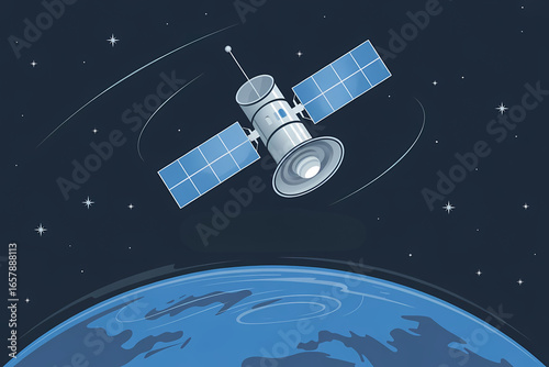 Illustration of a satellite orbiting Earth, depicted in space with stars and blue planet.