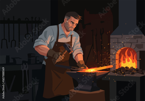 Smith hammers hot metal, forge lit, tools in background. Metalwork concept