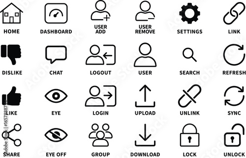 Minimal black outline vector icon set for general UI & web design, Home, Search, User, Settings, Notification, Message, Like, Favorite, Lock, Unlock, Download, Upload, Trash, Disk, Link, Login, Logout