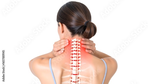 Woman with neck pain, skeletal overlay