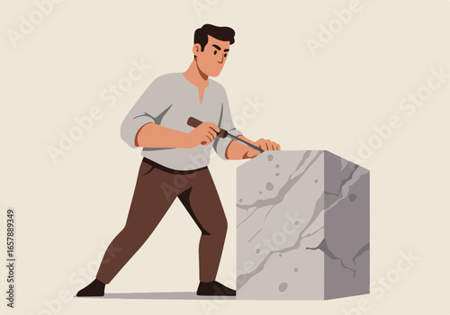 Man chiseling stone block on plain background. Use art, craft, creativity