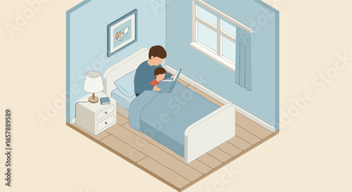Father reading to son on the bed in bedroom with window behind. Use education