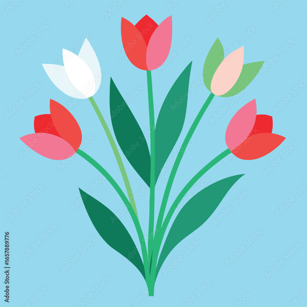 Obraz premium Seamless floral vector illustration with red and pink tulips in a heart shape on a white background, perfect for a spring love card design
