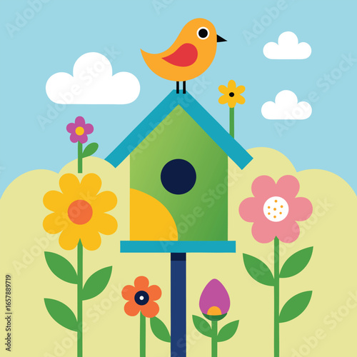 A colorful wooden birdhouse with a flower decoration on a tree in a sunny garden