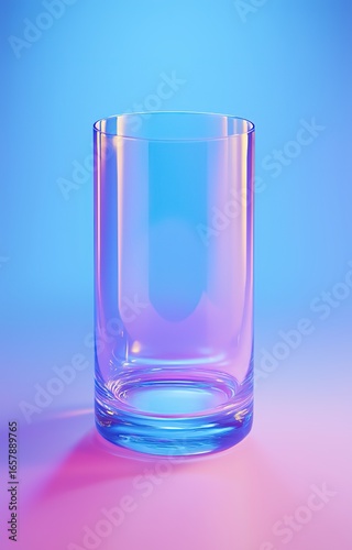 Clear Glass with Empty Interior on Gradient Blue and Pink Background, Close-Up Shots Rendered in Unreal Engine Style, High-Definition, Soft Lighting, Vibrant Colors, Minimalist Composition.