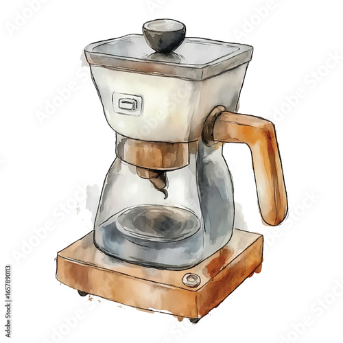 Watercolor Moka Pot Coffee Maker with Wooden Accents on White Background vector transparent background cutout
