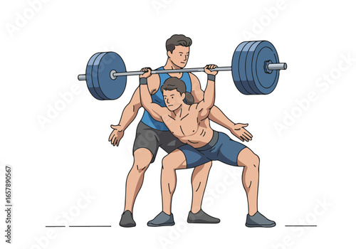 Weightlifter coached while lifting a barbell with a spotter in the background