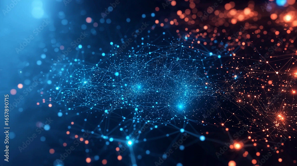 Obraz premium Blue-Orange Network Hub: Big Data Analytics & Tech Summit Backdrop