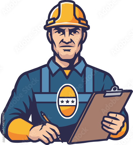 A cartoon illustration of a serious construction worker holding a clipboard and writing.