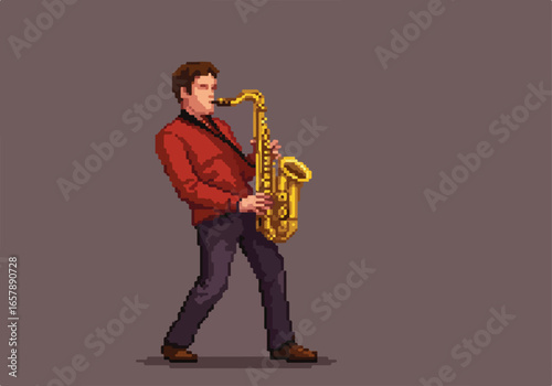 Pixel man playing saxophone, against a neutral background, possibly for a game