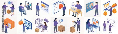 Isometric Style Various Scenes of Logistics Management and Supply Chain Business
