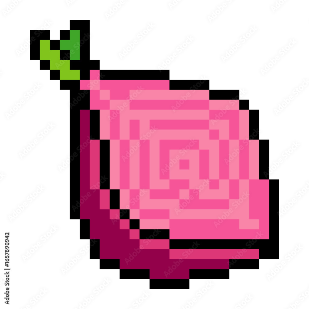 Fototapeta premium Half full red onion slice with pixel art isolated on white background