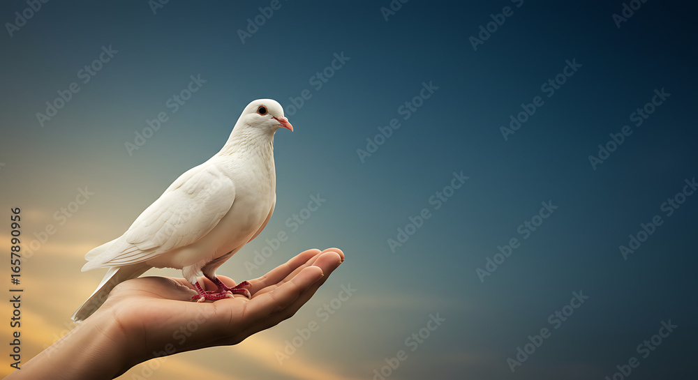 Obraz premium A white dove of peace rests gently on an outstretched hand against a sunset sky.