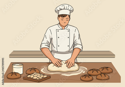 Baker kneads dough on counter in bakery; shelf in background; recipe demo use