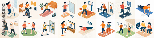 Isometric Illustration Set of People Exercising at Home Training Activity