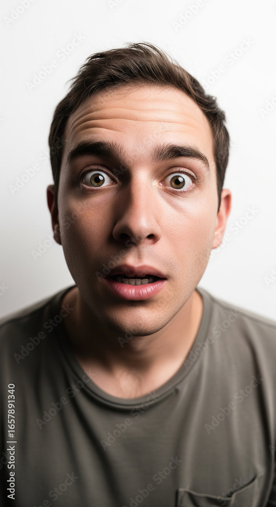Fototapeta premium Surprised Young Man with Wide Eyes and Open Mouth on a Plain White Background, Expressing Shock and Amazement.