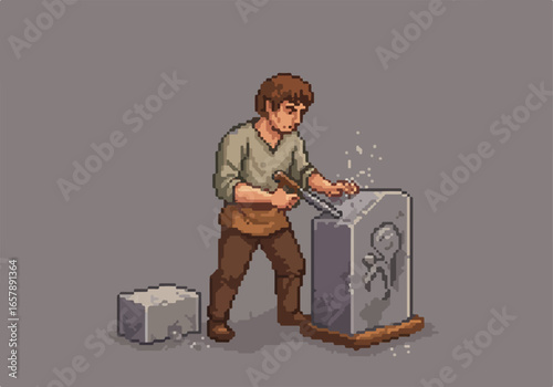 Stone worker chisels statue. Pixel art. Plain background for games/advertisements