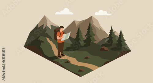 Person backpacking, checking map on trail. Pines, mountains, cloud background. Hiking