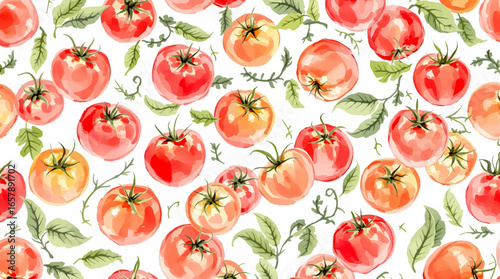 Watercolor pattern tomatoes on white background	