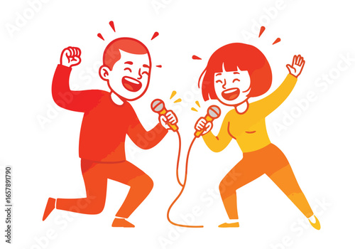 Joyful duo sings, dances, and cheers with microphones in a blank setting for content use