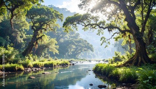 Serene forest river with lush green plants and reflections
