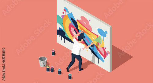 Artist spraying graffiti on a wall. Cans, paint bucket nearby. Pink background