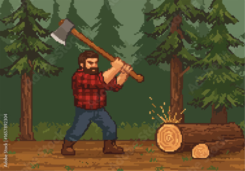Pixel lumberjack axes wood, chopping in forest with trees; retro game, illustration