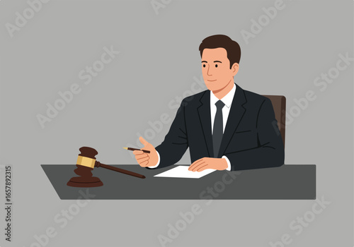 Man at desk with gavel in background. Uses law, legislation, government