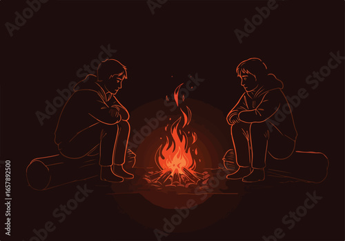 Two people are sitting around a campfire to warm up in the dark environment