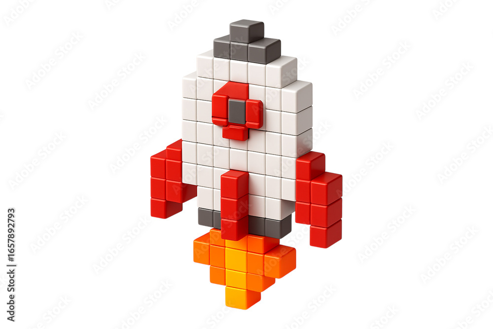 Fototapeta premium Voxel rocket ship launching with pixel flames. 8-bit retro spaceship PNG clip art on a transparent background for a startup logo, space game asset, or technology icon.