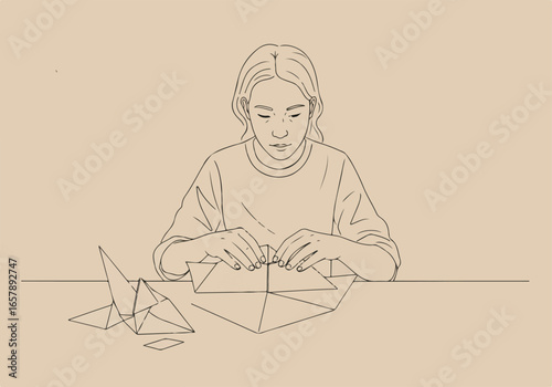Lady folds paper on desk for art projects, craft concepts, or education purposes