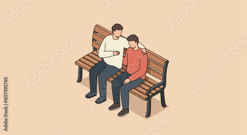 Man comforting friend on park bench. Flat background for text or graphics insert