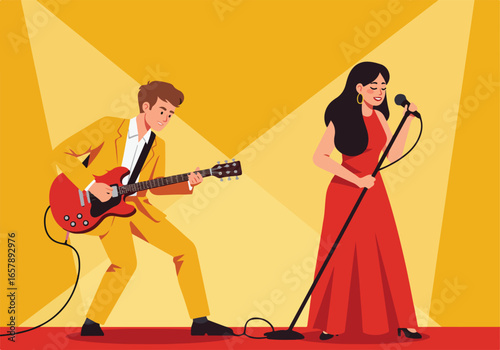 Woman sings with guitarist on stage under bright lights. Vector design use