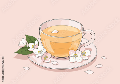 Warm beverage in glass cup on saucer with floral decoration on pastel surface